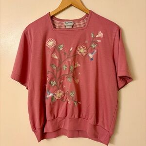 Vtg Bonworth Grandma Cottage Core L Mauve Top Embroidered Hummingbirds Flowers